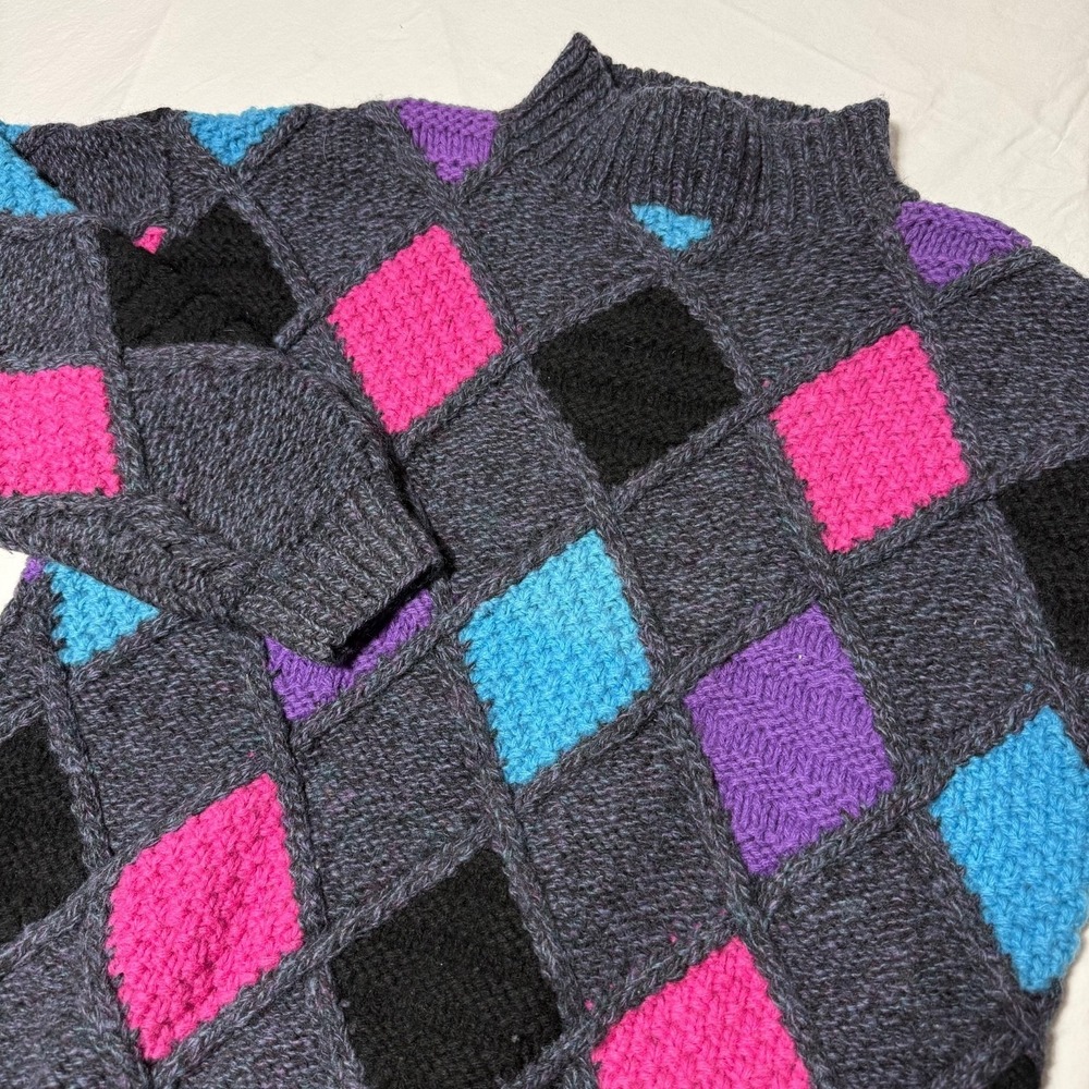 Vintage 1988 CB Sports 100% Shetland Wool Argyle 3D Sweater Women's Large